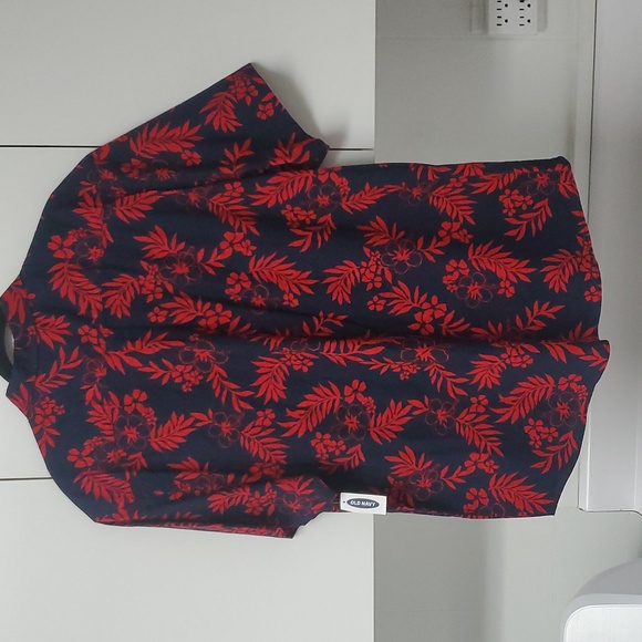 Old Navy Button Down Mens XL Red Navy Blue Hawaiian Style NWT Casual Flex Shirt - Picture 8 of 12